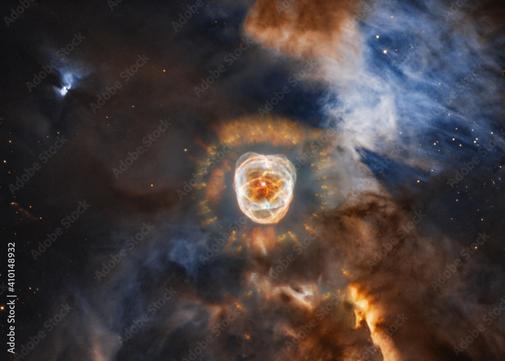 Wall mural deep space look. the eskimo nebula in bright colours near far galaxies and stars. science fiction. f
