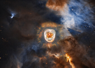 Deep space look. The Eskimo Nebula in bright colours near far galaxies and stars. Science fiction. Film grain. Elements of this image were furnished by NASA.