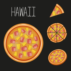 Hawaiian pizza set. Vector illustration of Italian food. Pizza with pineapple collection
