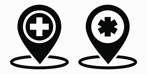 Hospital location icon. Pharmacy location. Location of the medical facility. Doctor's coordinates. Vector icon.