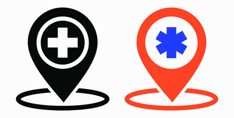 Obraz premium Hospital location icon. Pharmacy location. Location of the medical facility. Doctor's coordinates. Vector icon.