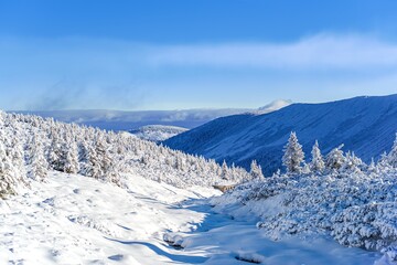Obraz premium mountain landscape in the winter season . lots of snow . High mountains in the middle of winter