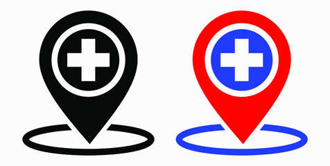Obraz premium Hospital location icon. Pharmacy location. Location of the medical facility. Doctor's coordinates. Vector icon.