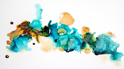 Watercolor paint pouring art in panorama format on white canvas