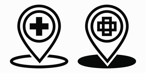 Hospital location icon. Pharmacy location. Location of the medical facility. Doctor's coordinates. Vector icon.