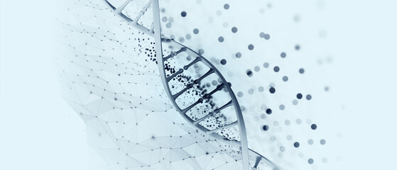DNA helix 3D illustration. Mutations under microscope. Decoding genome. Virtual modeling of chemical processes. Hi-tech in medicine © Siarhei