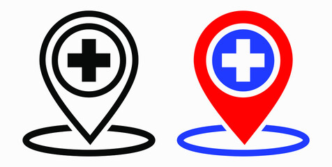 Hospital location icon. Pharmacy location. Location of the medical facility. Doctor's coordinates. Vector icon.