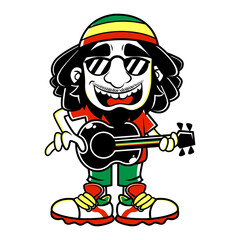 Dreadlock man wearing sunglasses and beanie hat with rasta colors and playing acoustic guitars as a Buskers, best for sticker or t-shirt design with Reggae Music themes