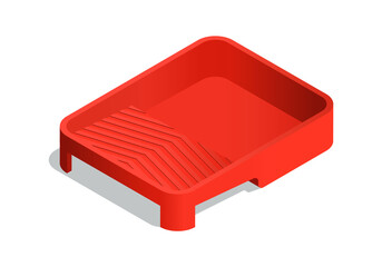 Isometric vector illustration red plastic paint tray with ribbed roll off area isolated on white background. Realistic paint tray icon in flat cartoon style. Tool for painting and renovation.