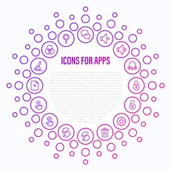 Icons for mobile app development. Thin line icons: messenger, sound off, sound on, music, lock, unlock, settings, remove, swipe, click, tap, search, add new document. Vector illustration.