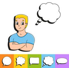 Set of speech bubbles of different shapes. With a cute cartoon character. Hand drawn. Thinking balloons. Vector illustration isolated on white background. Comic doodle style.