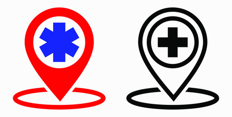 Hospital location icon. Pharmacy location. Location of the medical facility. Doctor's coordinates. Vector icon.