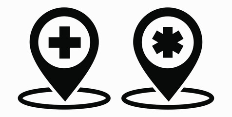Hospital location icon. Pharmacy location. Location of the medical facility. Doctor's coordinates. Vector icon.