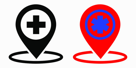Hospital location icon. Pharmacy location. Location of the medical facility. Doctor's coordinates. Vector icon.