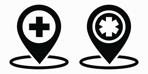 Hospital location icon. Pharmacy location. Location of the medical facility. Doctor's coordinates. Vector icon.