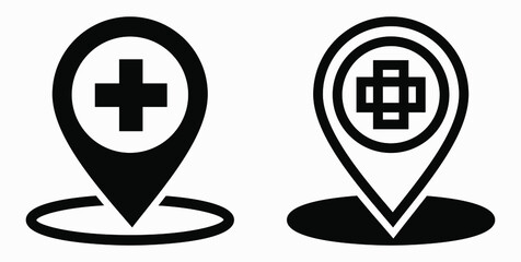 Obraz premium Hospital location icon. Pharmacy location. Location of the medical facility. Doctor's coordinates. Vector icon.