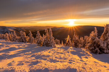 Majestic sunset in the winter mountains landscape. High resolution image. Kralicky snežn&iacute;k czech