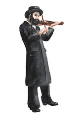 An orthodox Jew plays the violin. Hand drawn watercolor illustration, isolated on white background