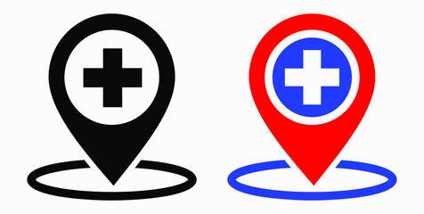 Obraz premium Hospital location icon. Pharmacy location. Location of the medical facility. Doctor's coordinates. Vector icon.