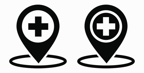 Hospital location icon. Pharmacy location. Location of the medical facility. Doctor's coordinates. Vector icon.