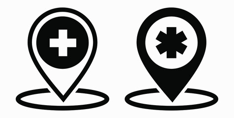 Hospital location icon. Pharmacy location. Location of the medical facility. Doctor's coordinates. Vector icon.