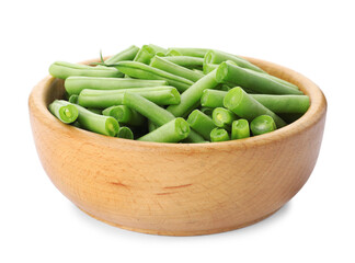 Fresh green beans in wooden bowl isolated on white
