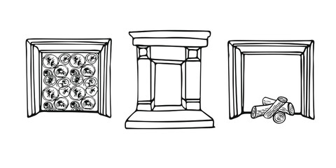 Hand drawn retro fireplaces set. Vector illustration. Isolated on white background