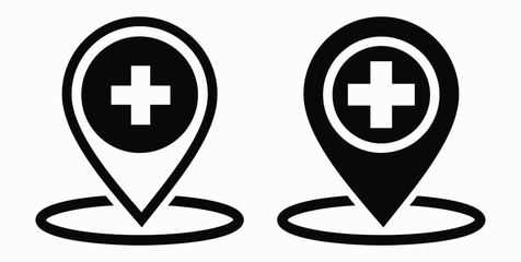 Hospital location icon. Pharmacy location. Location of the medical facility. Doctor's coordinates. Vector icon.