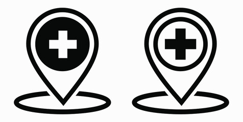 Hospital location icon. Pharmacy location. Location of the medical facility. Doctor's coordinates. Vector icon.