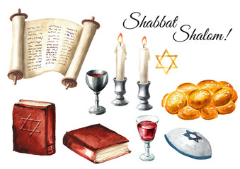 Shabbat Shalom set, Traditional jewish celebration oh the Shabbat, challah, candles, Torah book and wine. Hand drawn watercolor illustration isolated on white background