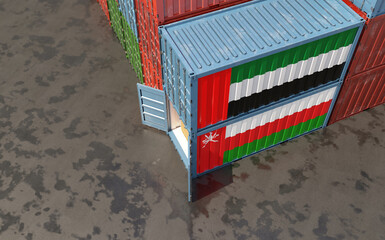 Freight containers with United Arab Emirates and Oman flag. 3D Rendering 