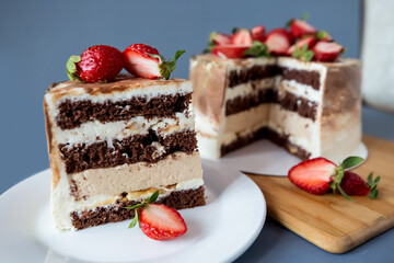 strawberry cheesecake cake chocolate, cream and decoration