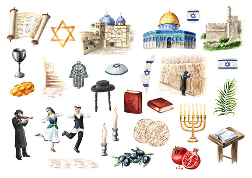 Welcome to israel set. Landmarks, objects, symbols, traditions collection. Hand drawn watercolor illustration, isolated on white background