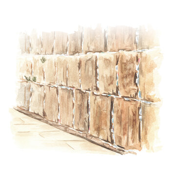 Western or wailing or crying Wall in Jerusalem, Israel. Hand drawn watercolor illustration, isolated on white background