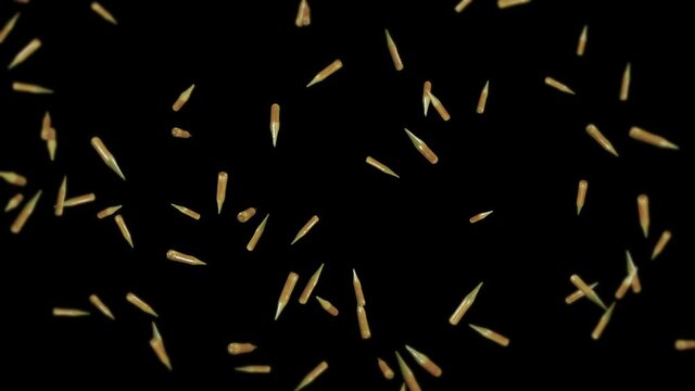 Flying many ammunition bullets on black background. Military concept. Mock up. Brown pistol bullets. 3D loop animation of bullet rotating.