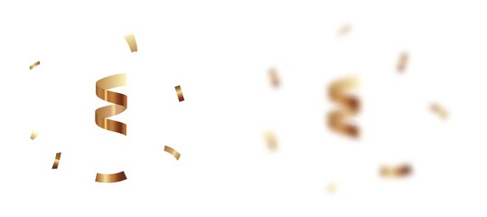 realistic 3d focus and blurred flying and falling yellow gold colored confetti and serpentine, festive stock vector illustration brush, design element isolated on white background