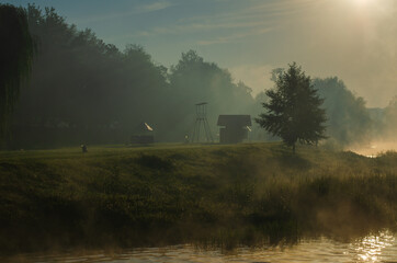 Morning on the river early morning reeds mist fog and water surface on the river.