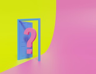 Door open with blue question mark. minimal concept. 3D render.