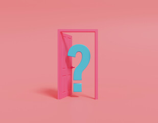 Door open with blue question mark. minimal concept. 3D render.