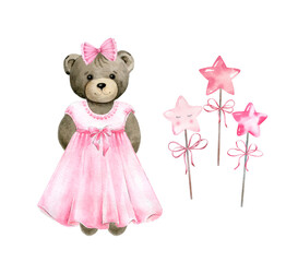 Teddy bear Baby girl in pink dress.Watercolor hand painted illustrations for baby girl birthday isolated on white background .