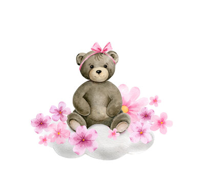 Newborn Teddy bear Baby girl shower illustration.Watercolor hand painted illustrations isolated on white background.