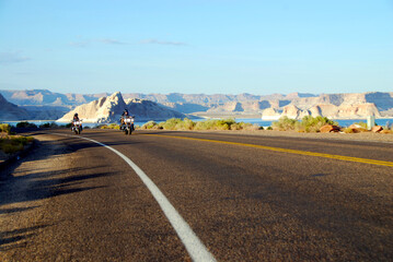 motorcycle riding through red rock canyons at Lake Powell