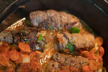 Tasty roulades beef on plate..