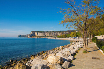 Obraz premium The Gulf of Trieste, Friuli-Venezia Giulia, north east Italy. Looking towards Duino Castle in the distance 