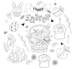 Set of Easter doodles - basket with Easter eggs, cupcake, Easter bunny, flowers and leaves, pussy willow and tulips, festive decor. Vector. line, outline. Cute decor for Easter design, print, postcard