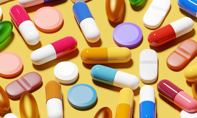 A background of medical pills and antibiotics for a variety of medical conditions. 3D illustration - obrazy, fototapety, plakaty