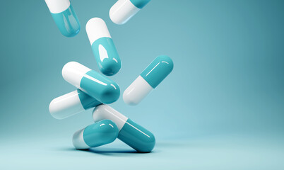 A group of antibiotic pill capsules falling. Healthcare and medical 3D illustration background. - obrazy, fototapety, plakaty
