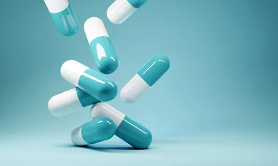 Foto auf Acrylglas A group of antibiotic pill capsules falling. Healthcare and medical 3D illustration background. © James Thew
