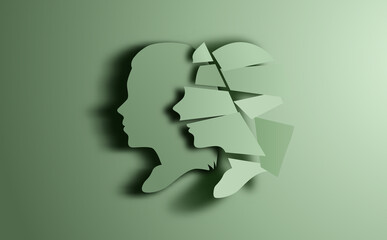 Womens head silhouette, one fractured the other fine. Mental health concept, talking therapy. Vector illustration.