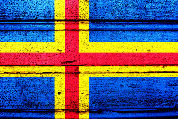 National flag of Aland Islands, abbreviated with ax; a realistic 3d image of the national symbol from an independent country painted on a wooden wall